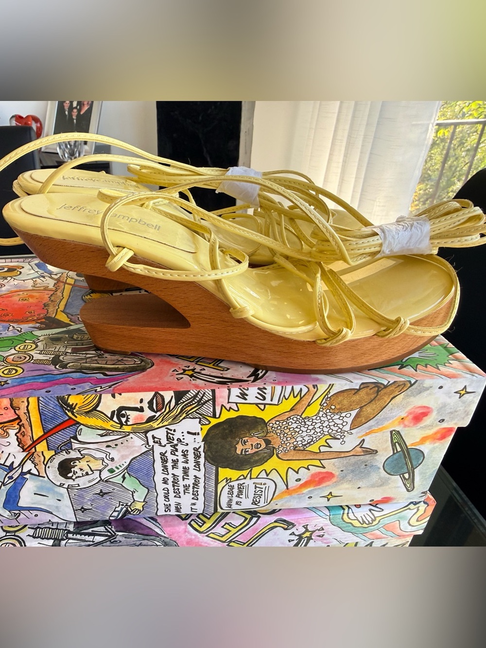JEFFREY CAMPBELL STRAPPY
POSH-3 SUNSHINE YELLOW PATENT LEATHER  WOOD PLATFORMS